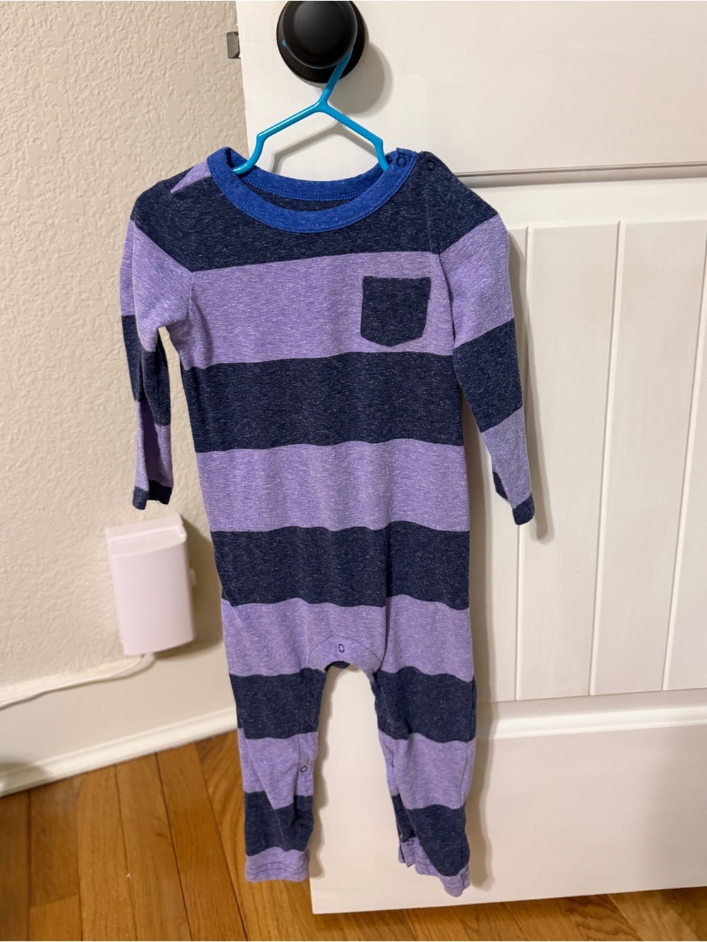 Primary Rugby Block Stripe LS Romper Navy Gray Royal Blue 18-24M